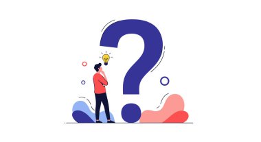 Kafasında küçük bir ampul fikriyle düşünen bir adam dev bir soru işaretinin yanında dururken bir sorunu çözmeyi temsil eder..