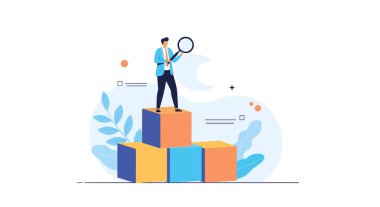 Renkli küplerin üzerinde duran küçük bir figür büyüteçle iş analizini ve detaylı veri araştırmasını temsil ediyor..