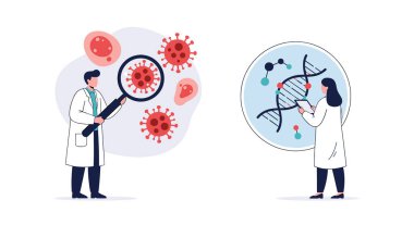 Laboratuvar önlüklerinde virüs parçacıkları ve DNA sarmalını inceleyen iki tıp bilimcisi biyoteknoloji araştırmalarını ve bilimsel keşifleri sembolize ediyor..