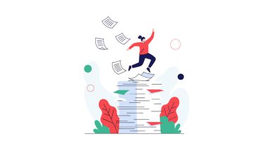 Mutlu iş kadını, bir kutlama bürosu ortamında ortalıkta uçuşan bir yığın evrakın üzerinden neşeyle atlıyor..