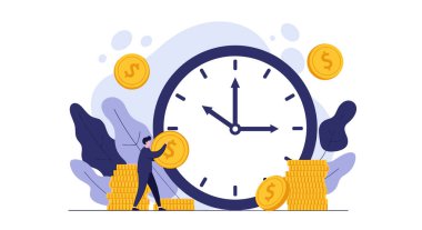 Zengin bir işadamı, para yığınlarıyla çevrili dev bir saate altın para koyuyor. Para yatırımı kavramları..