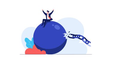 Kırık bir top ve zincirin tepesinde oturan neşeli iş adamı borçtan ve profesyonel özgürlükten kurtuluşu temsil ediyor..