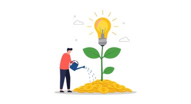 İşadamı, yenilikçi yatırımı temsil eden altın sikkelerden büyüyen parlayan bir ampul çiçeğiyle yeşil bir bitkiyi suluyor..
