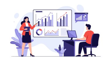 Profesyonel bir iş kadını masasında çalışan erkek bir meslektaşına büyük ekranda karmaşık finansal veriler ve çizelgeler sunuyor..