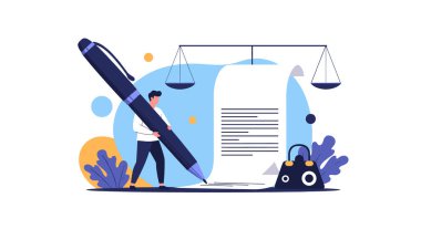 İş adamı dev bir kalemle büyük bir yasal belgeyi imzalarken adalet terazisi hukuk ve sözleşmeler için arka planda duruyor..