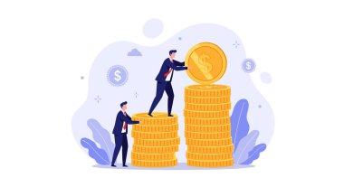 Profesyonel ekip, temiz bir kurumsal illüstrasyon tarzında finansal güvenlik ve zenginlik artışı sağlamak için büyük altın sikkeler yığıyor..