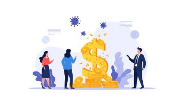 Bir grup iş adamı, ekonomik kriz veya enflasyonu simgeleyen ve dağılan dev bir dolar işaretine bakıyor..