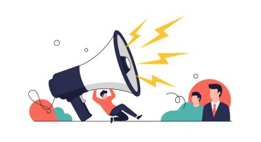 İş adamı elinde dev bir megafon tutarak diğer insanlara yüksek sesle iletişim ve agresif pazarlama için yıldırımlar yolluyor..