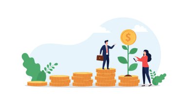 İş adamı ve işkadını, sürdürülebilir zenginlik ve büyüme kavramları için altın para yığınlarından büyüyen bir madeni para fabrikasına bakıyor..