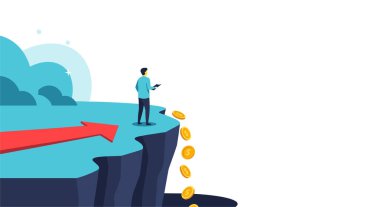 Uçurumun kenarında duran bir iş adamı madeni kayıpları ya da savurgan harcamaları temsil eden karanlık bir uçuruma düşen altın sikkeleri izliyor..