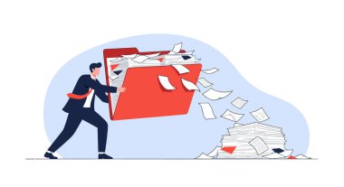 İş adamı, yere dökülen kağıtlarla dolu dev bir kırmızı klasörü kapatmaya çalışıyor..