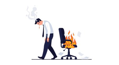 Bunalmış işadamı, kafasının tepesinden dumanlar yükselirken alevler içinde bir ofis sandalyesinden uzaklaşır..