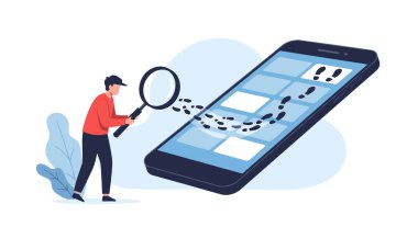 Dedektif, büyüteç kullanarak dev bir mavi akıllı telefon ekranına doğru giden siyah ayak izlerini takip ediyor..