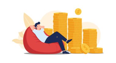 Rahat adam kırmızı bir puf mindere oturur, kolları başının arkasında, kocaman altın paraların yanında..