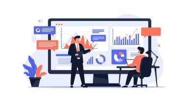 Professional giving a data presentation on a giant monitor to a colleague sitting at a desk with a laptop and lamp.
