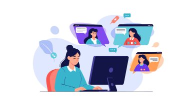 Kadın çalışan, ofis ortamında çalışırken video konferans teknolojisi kullanılarak uzak takım toplantısına katılıyor.