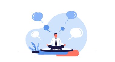 Sakin iş adamı zihinsel berraklığı bulmak ve kaotik iş yeri iletişimleri arasında odaklanmak için farkındalık ve meditasyon uygular.