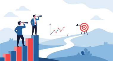 Stratejik liderlik ekibi, gelecekteki hedefleri ve uzun vadeli iş hedeflerini belirlemek için yükselen grafikteki dürbünleri kullanıyor.