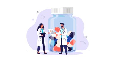 Sağlık uzmanları, büyük bir ilaç kavanozunun önünde dururken hatalı bir tıbbi raporu veya yanlış reçete verilerini gözden geçirirler.