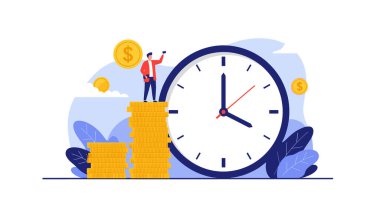 Hırslı bir birey zamanı yönetir ve çalışan büyük bir saatin yanında duran bozuk paraların üzerinde durarak servet biriktirir..