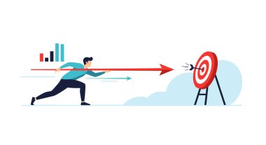 Odaklanmış işadamı, şirketin hedeflerine isabet etmede hassasiyet ve doğruluğu göstermek için mızrak gibi büyük bir kırmızı ok fırlatıyor..