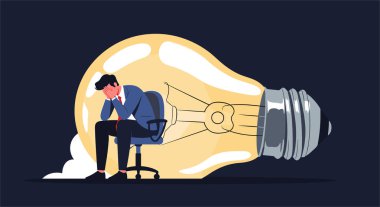 İş adamı dev bir ampulün içinde bir sandalyede oturur ve yüzünü umutsuzlukla kapatır. İlham eksikliğini ya da başarısız yaratıcı bir fikri temsil eder..