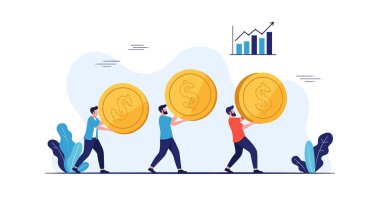 Üç adam, takım çalışmasını ve finansal hedeflere ve refaha ulaşma çabalarını temsil eden dev altın sikkeler taşıyor..