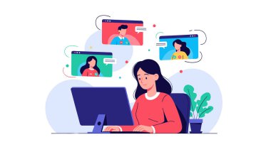 Kadın, uzaktan çalışma ve sanal takım işbirliğini temsil eden üç meslektaşıyla video konferansı yaparken bilgisayarında çalışıyor..