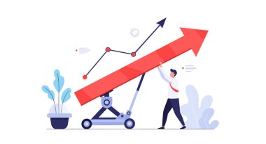 İş adamı, büyüme ve piyasa kurtarma çabalarına destek olduğunu sembolize etmek için büyük kırmızı yükselen bir oku desteklemek için mekanik kriko kullanır..