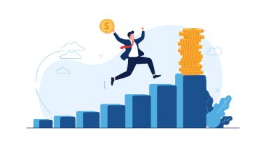 Başarılı bir işadamı, mali büyümedeki hızlı ilerlemesini temsil etmek için elinde bir altın sikke tutarak bir dizi yükselen mavi bloktan atlıyor..