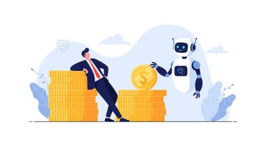 Dost canlısı bir robot ona otomasyondan gelen serveti simgeleyen başka bir para önerirken, iş adamı rahatça büyük miktarda altın sikkeye yaslanıyor..