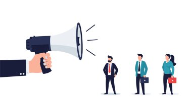 Büyük beyaz bir megafonu tutan dev bir el sesli bir mesaj iletmek için ya da takım elbiseli küçük bir grup iş adamına duyuru yapmak için..