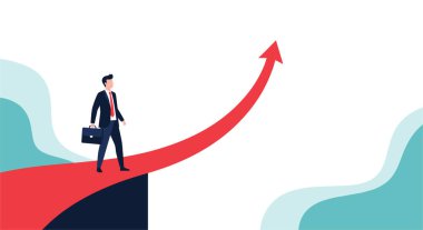 Kendine güvenen işadamı kırmızı ok yolunda yürüyor ve kariyerinde daha yüksek ve başarılı bir pozisyon için bir köprü oluşturuyor..