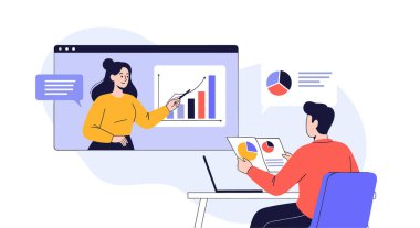 Masasında oturan adam bilgisayarında çeşitli finansal çizelgeler ve pozitif büyüme istatistiklerini gösteren bir iş eğitimi videosu izliyor..