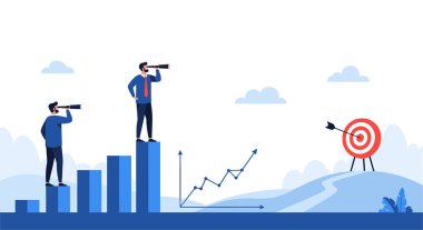 Yükselen bir çubuk grafiğinin üzerinde duran işadamları, uzun vadeli vizyon ve hedefleri temsil eden tepedeki uzak bir hedefe bakmak için dürbün kullanıyorlar..