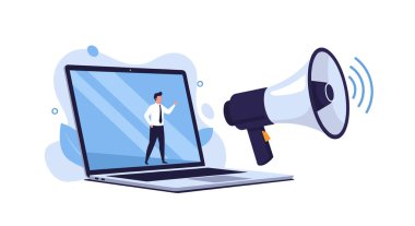 Bilgisayarın yanına yerleştirilen dev megafon dijital pazarlamayı ve online duyuru stratejilerini temsil eden profesyonel bir adamı gösteriyor.