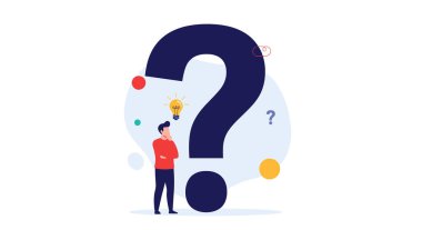 Düşünceli bir adam kafasının üstünde parlayan küçük ampul yanıtları temsil ederken dev karanlık soru işaretine bakıyor..