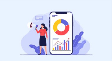 Mobil analitik için renkli pasta grafikleri ve veri grafikleri gösteren dev akıllı telefonun yanında duran megafon kullanan profesyonel bir kadın..