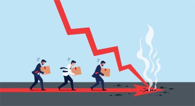 İflas ve şirket iflasını gösteren dumanlı deliğe düşen kırmızı okla üç işadamı.