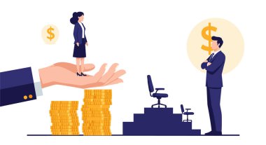 İş adamı işyeri cinsiyet eşitliği sorunlarını temsil eden alt kademede dururken, dev el para yığınının üzerinde iş kadınlarını destekliyor..