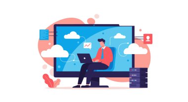 Dev bilgisayar monitöründe oturan dijital göçebe bulut depolama simgeleri ve bulut hesaplamasını temsil eden sunucu raflarıyla dizüstü bilgisayarda çalışıyor.