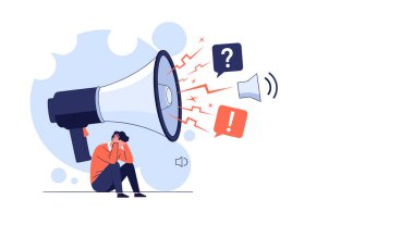 Stresli adam elleri kulaklarının üzerinde yerde oturuyor dev megafonun yanında yüksek sesli semboller yayıyor aşırı bilgi yüklenmesini temsil ediyor..