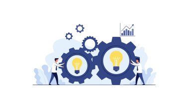 İki profesyonel adam birbirine kenetlenmiş mavi vitesleri içinde parlayan ampullerle iterek işbirlikçi yenilik ve fikirleri temsil ediyorlar..