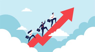 Çeşitli iş adamları gökyüzündeki büyük kırmızı zigzag okuna tırmanıyor. Bu kolektif başarı ve kurumsal kariyer büyümesini temsil ediyor..