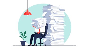 Bunalmış bir ofis çalışanı, yüksek iş yükü ve idari stresi temsil eden bir yığın evrakın altına gömüldü..
