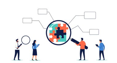 Profesyonel ekip, eksik parçayı bulmak ve projeyi tamamlamak için karmaşık bir yapbozu büyüteçle inceliyor..