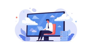 Modern profesyonel bir bilgisayar üzerinde çalışırken dev bir ekranda oturup bulut hesaplama ve uzaktan çalışma teknolojisini temsil ediyor..