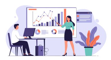 Modern bir şirket ofisindeki erkek meslektaşına iş büyüme verileri ve analizleri sunan profesyonel bir kadın..