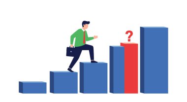 Kalıcı işadamı, zirveye ulaşmak için kırmızı soru işaretiyle işaretlenmiş belirsiz bir adımla karşı karşıya kalırken mavi çubuk grafiğine tırmanıyor..