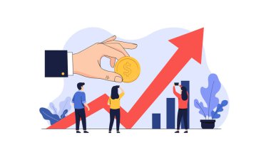 Kurumsal yatırım ve finansal büyüme büyük bir el tarafından gösterildi. Yükselen kar grafiği okunun üzerine bir altın para yerleştirildi..